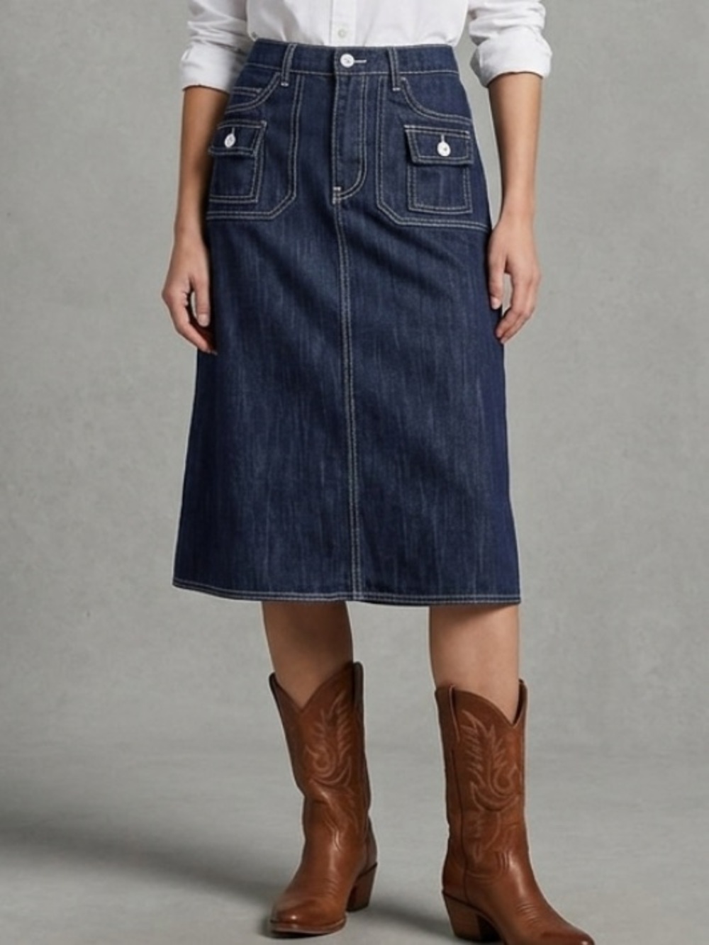 Nolita Dark Denim Midi Skirt Womens Size M Cargo Pocket Elastic Waist A-Line Y2K